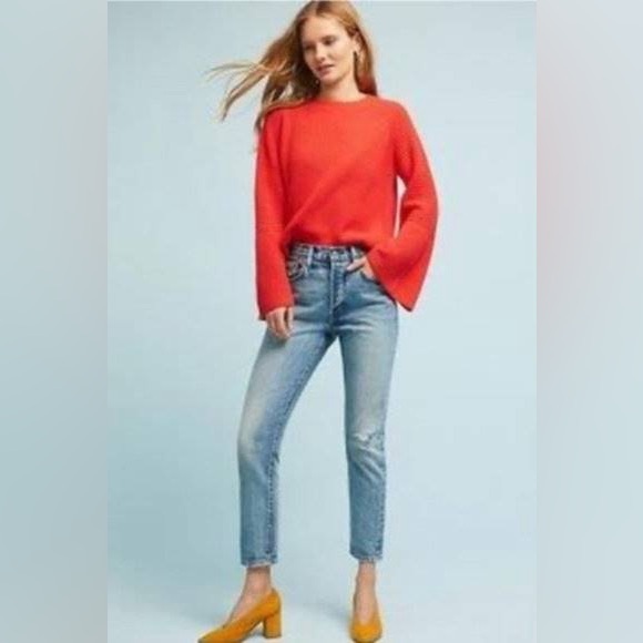 Anthropologie Needle Leah Ribbed Pullover Bell Sleeve Sweater Orange - Picture 2 of 5